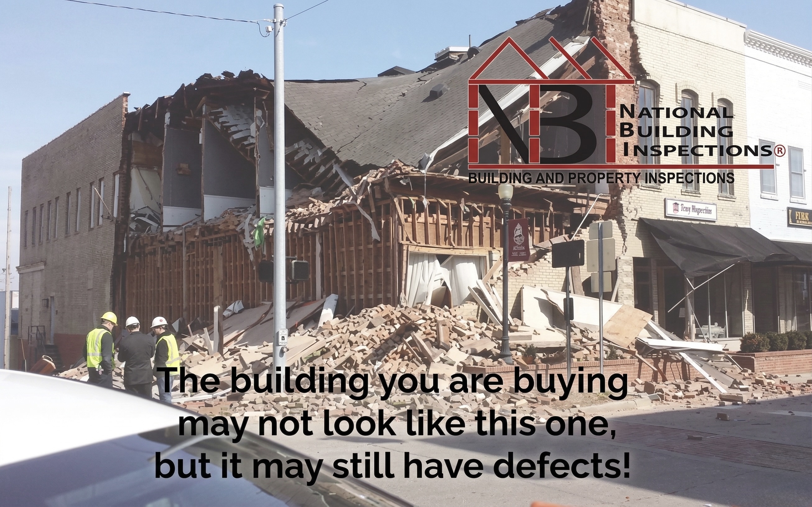 National Building Inspections: the building you are buying may still have defects. Full message and branding shown on the graphic.
