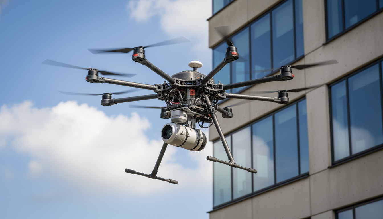 Professional drone conducting building inspection